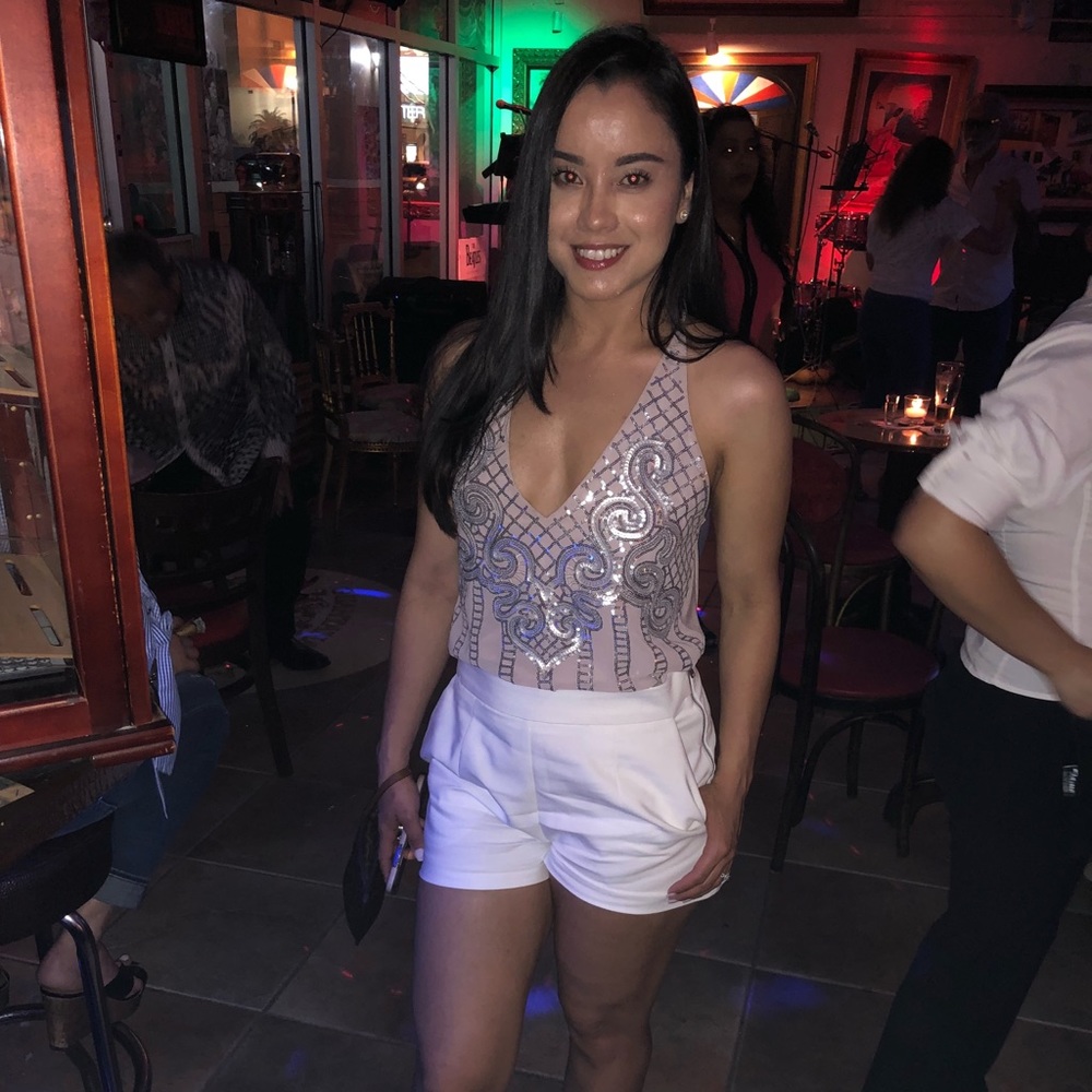 Dusty Rose Top w/ Silver Sequins. Back drapes in a flattering crisscross manner